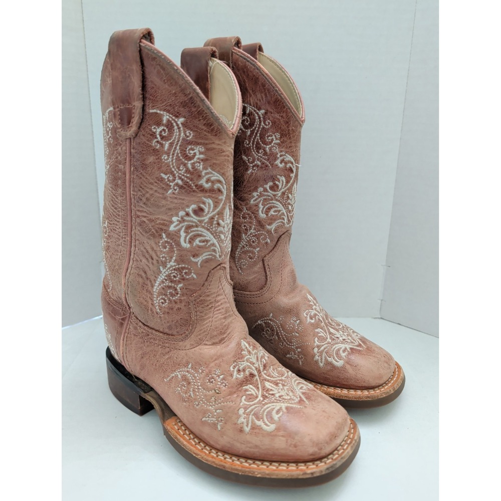 Old West Cowboy Boots Girls Size 9.5 Western Pink Leather Embroidery